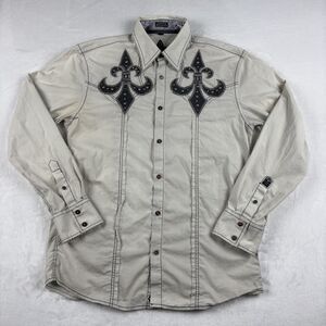 Roar Button Up Shirt Mens L Long Sleeve Cross Grunge Y2K White H2 Western Gothic